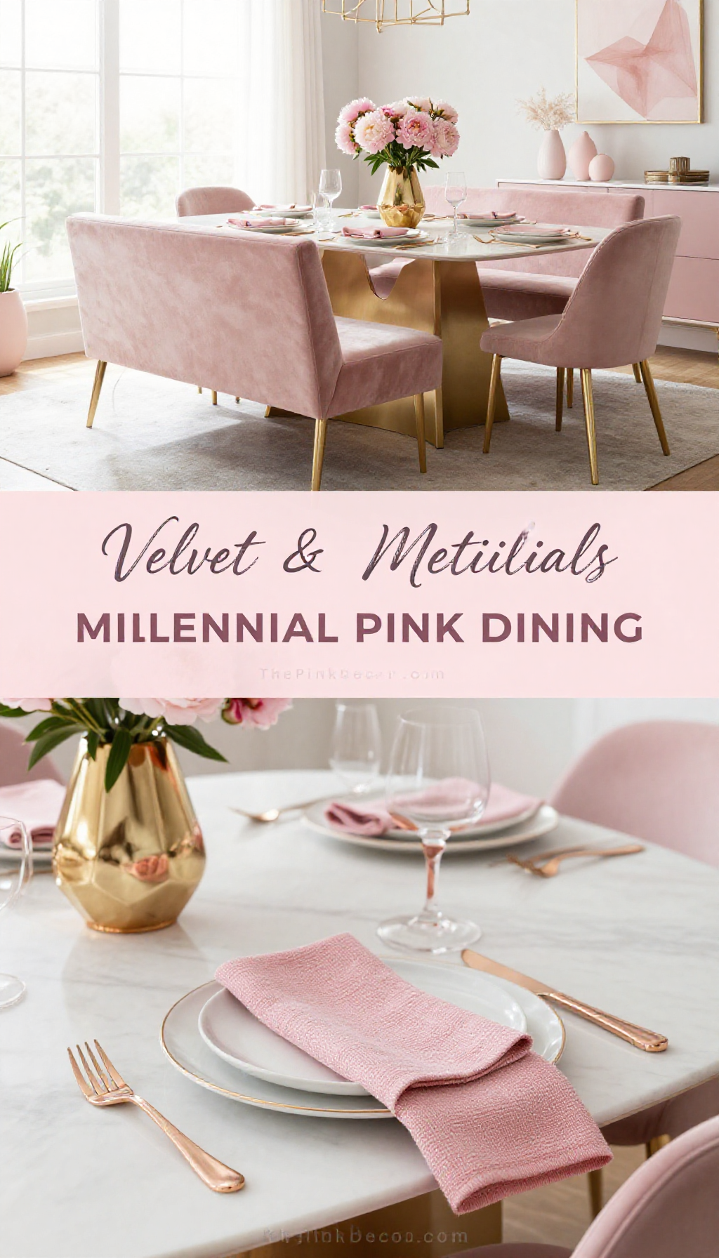 Millennial Pink Dining Room with Velvet Upholstery and Metallic Details - Dining Room - The Pink Decor