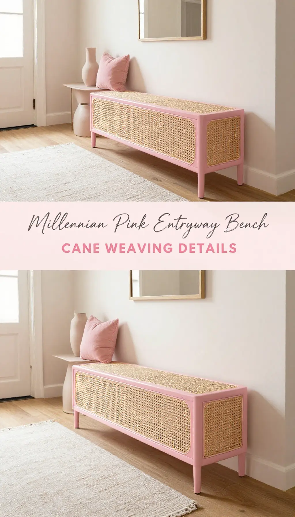 Millennial Pink Entryway Bench with Cane Weaving Details - Entryway - The Pink Decor