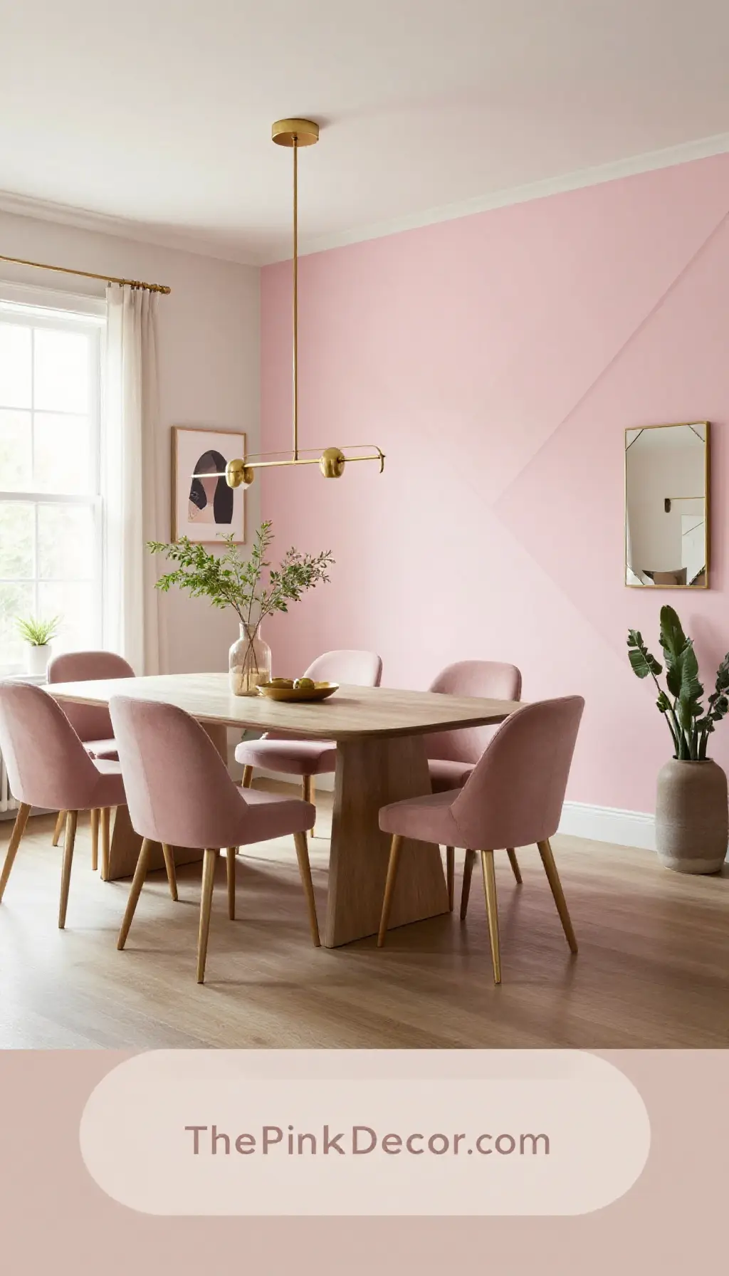 modern dining room pink decor ideas with geometric wallpaper and brass lighting - Complete View Complete Dining Room with pink decor elements