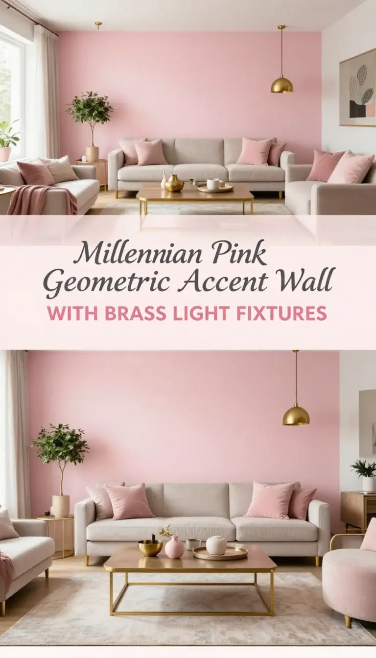 Millennial Pink Geometric Accent Wall with Brass Light Fixtures - Dining Room - The Pink Decor