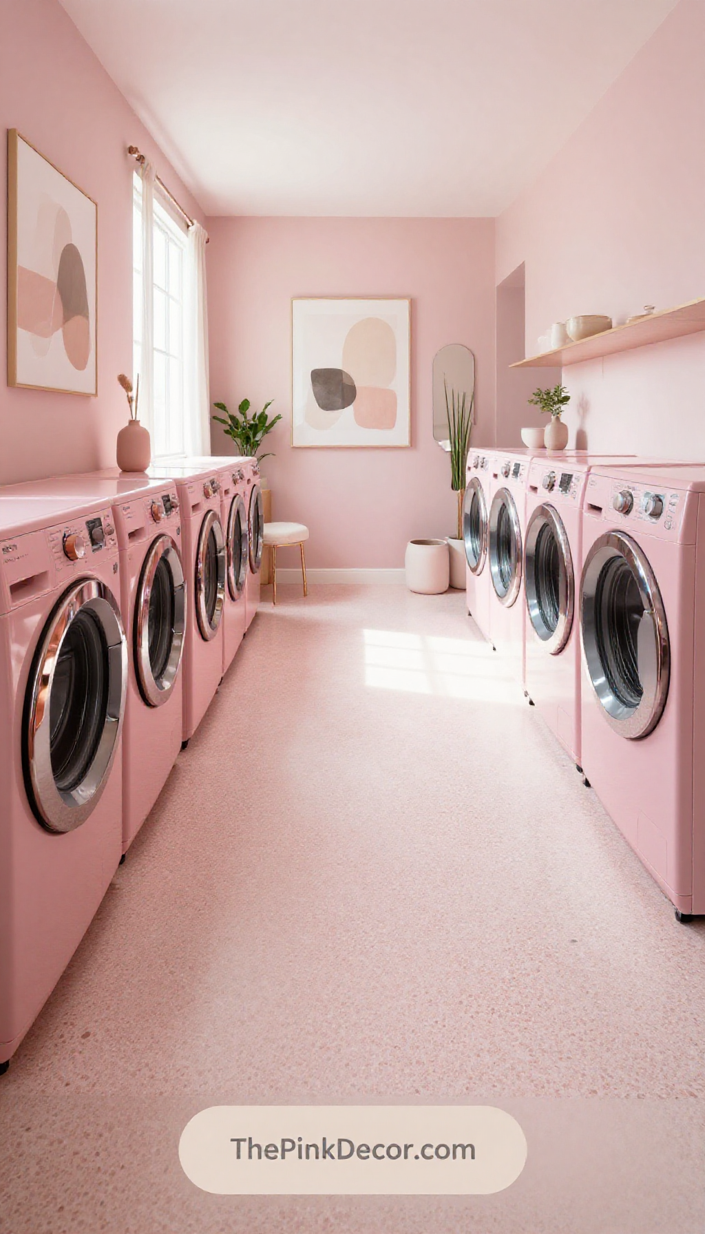 Complete Laundry Room with pink decor elements and terrazzo flooring design