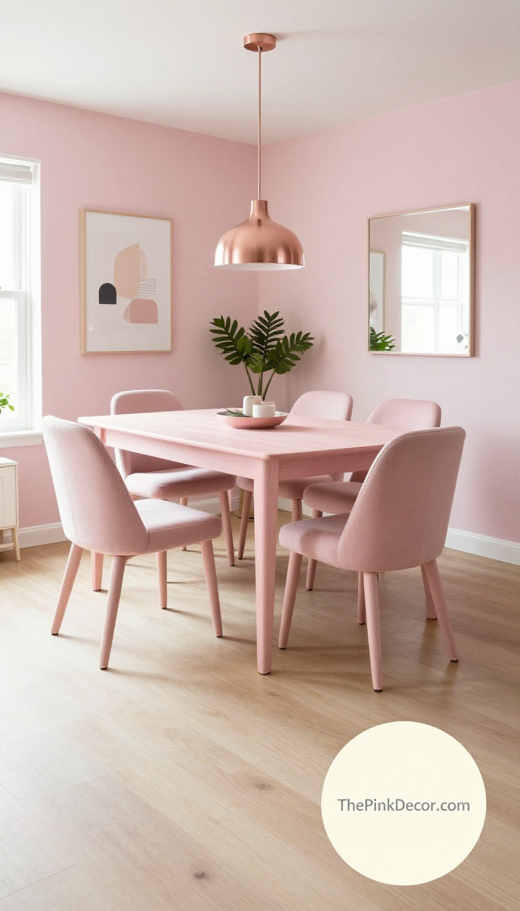 modern millennial pink Scandinavian dining room decor ideas with wood accents - Complete View Complete Dining Room with pink decor elements