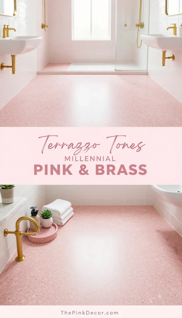 Millennial Pink Terrazzo Bathroom Floor with Brass Fixtures - Bathroom - The Pink Decor