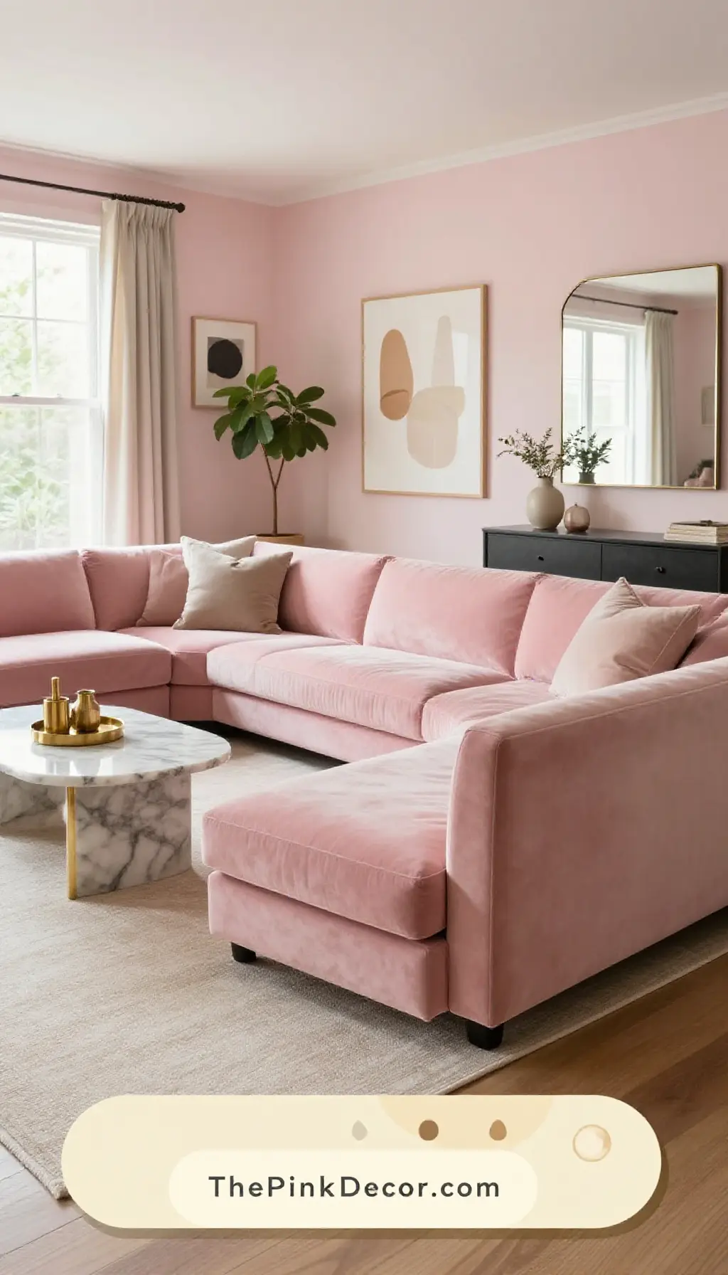 millennial pink velvet sectional living room decor ideas with marble and brass accents - Complete View Complete Living Room with pink decor elements including millennial pink velvet sectional, marble coffee table, and brass accents