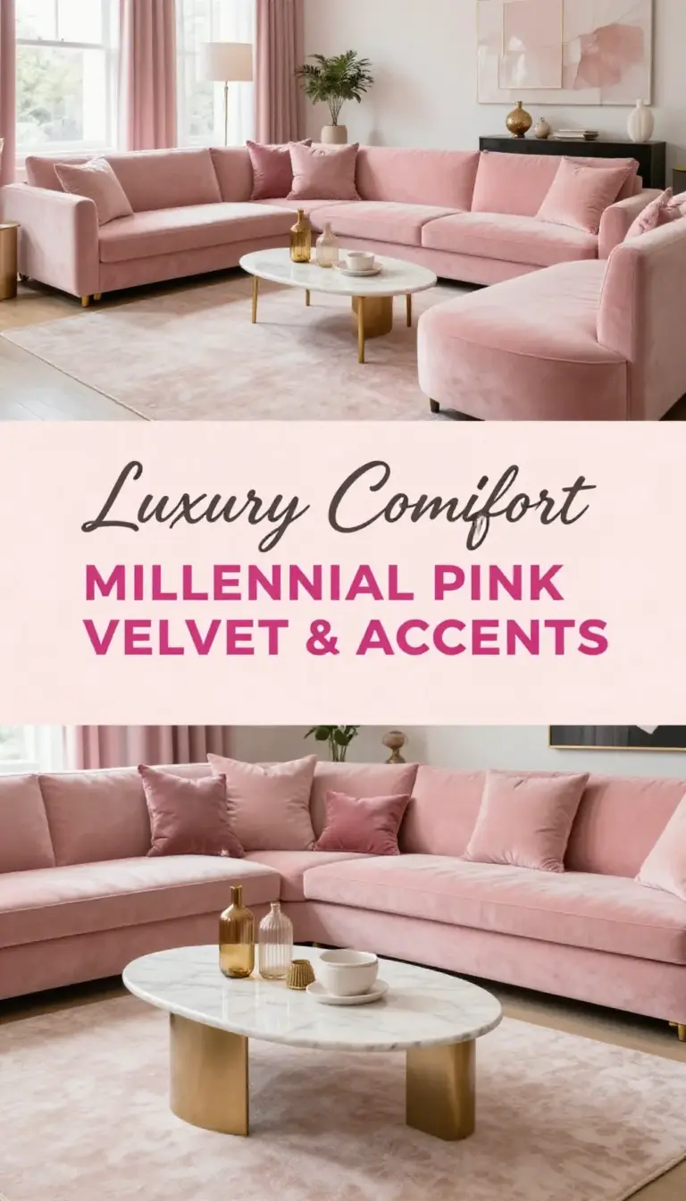 Millennial Pink Velvet Sectional with Marble and Brass Accents - Living Room - The Pink Decor