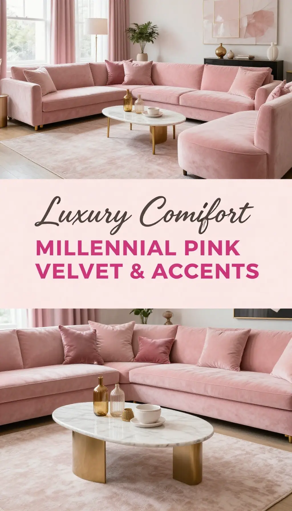 millennial pink velvet sectional living room decor ideas with marble and brass accents - Featured Design Millennial Pink Velvet Sectional with Marble and Brass Accents - Living Room - The Pink Decor