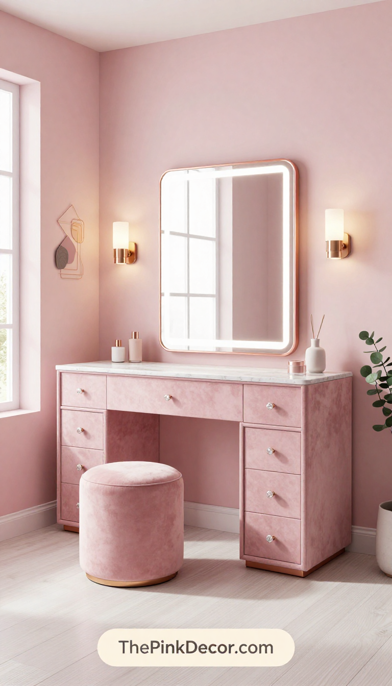 millennial pink dressing room vanity with LED lights - Complete View Complete Dressing Room with pink decor elements