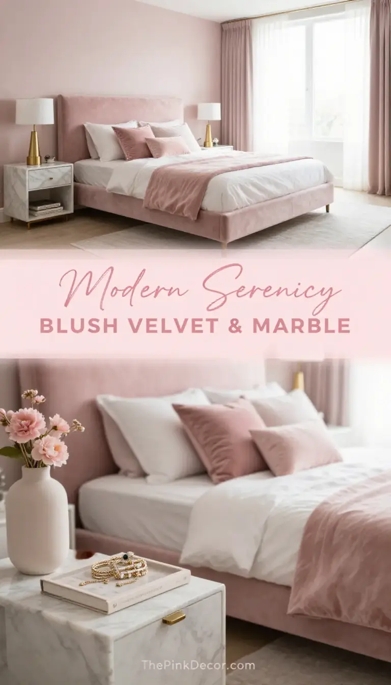Modern Blush Pink Bedroom with Velvet Accents and Marble Details - Bedroom - The Pink Decor