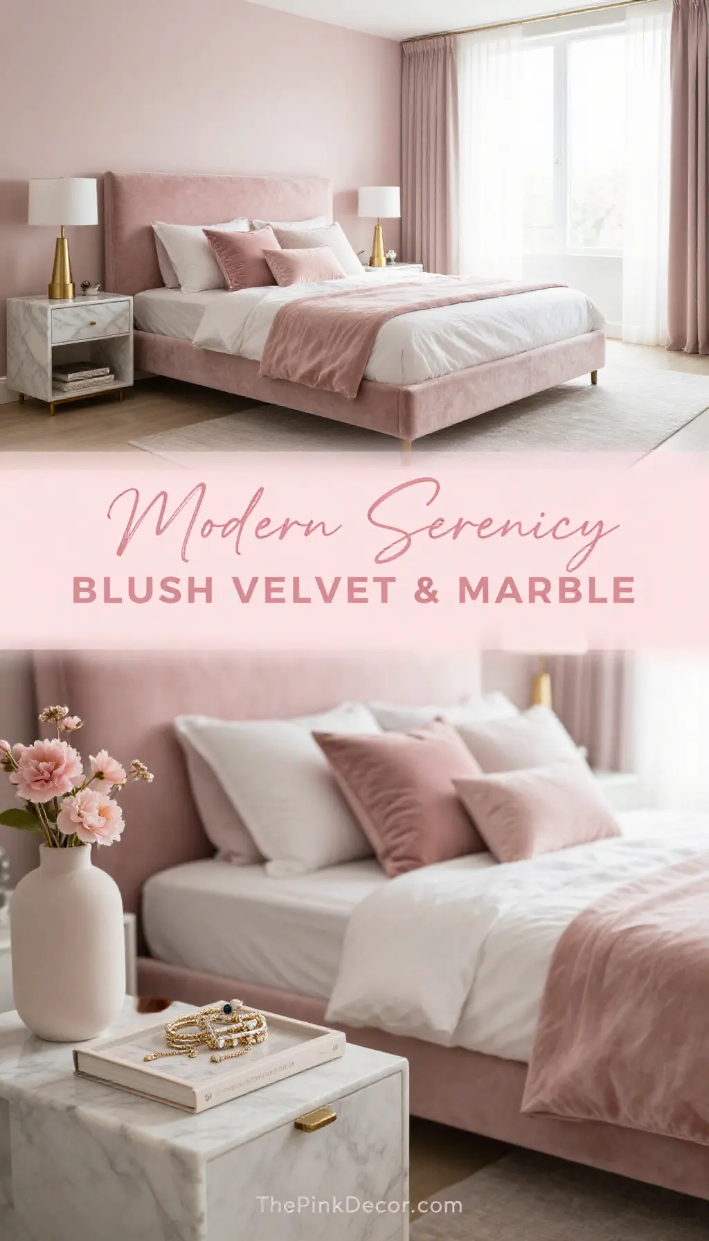 Modern Blush Pink Bedroom with Velvet Accents and Marble Details - Bedroom - The Pink Decor