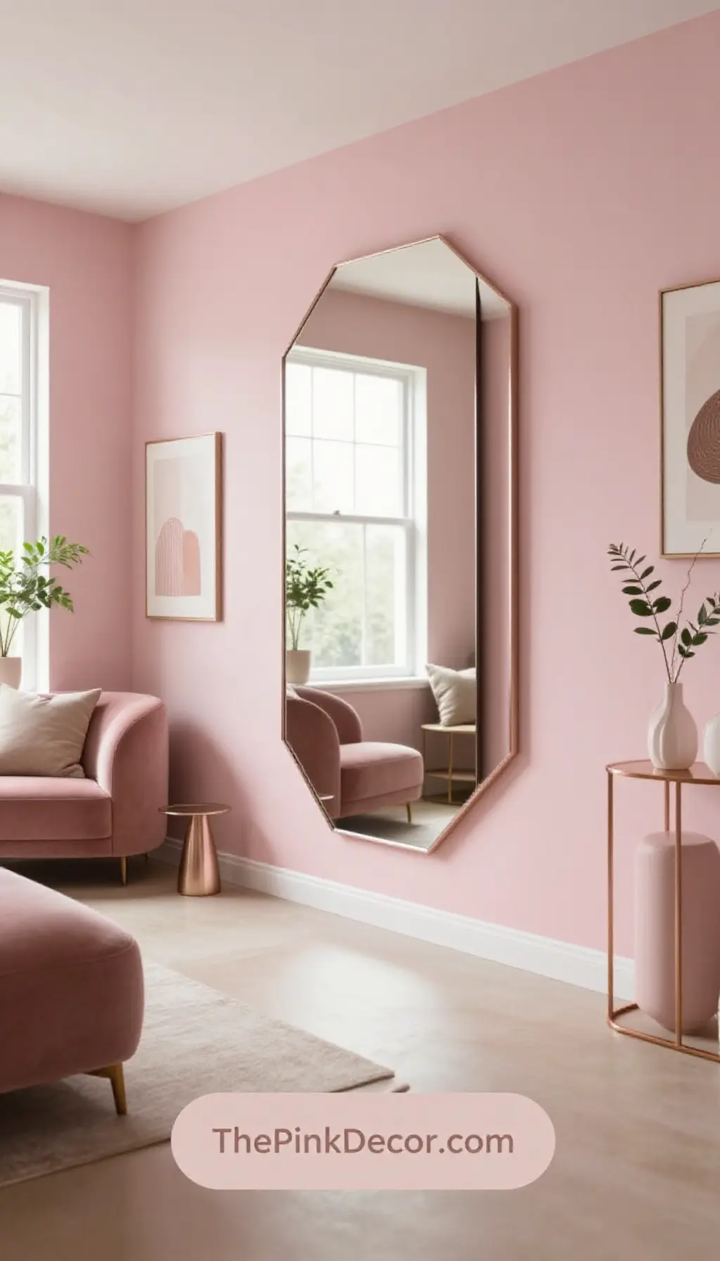 Complete Entryway with pink decor elements including geometric mirrors on blush wall, console table, and lighting
