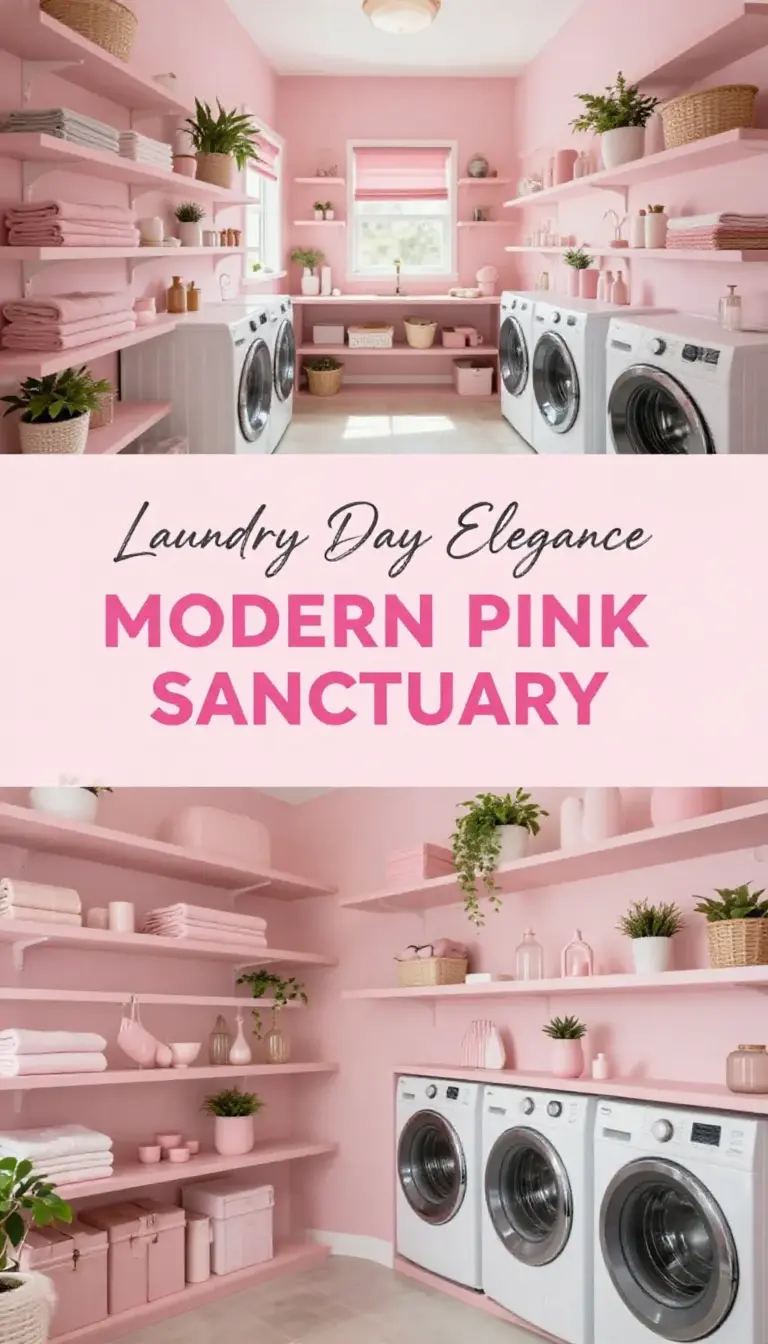 Modern Blush Pink Laundry Room with Floating Shelves - Laundry Room - The Pink Decor