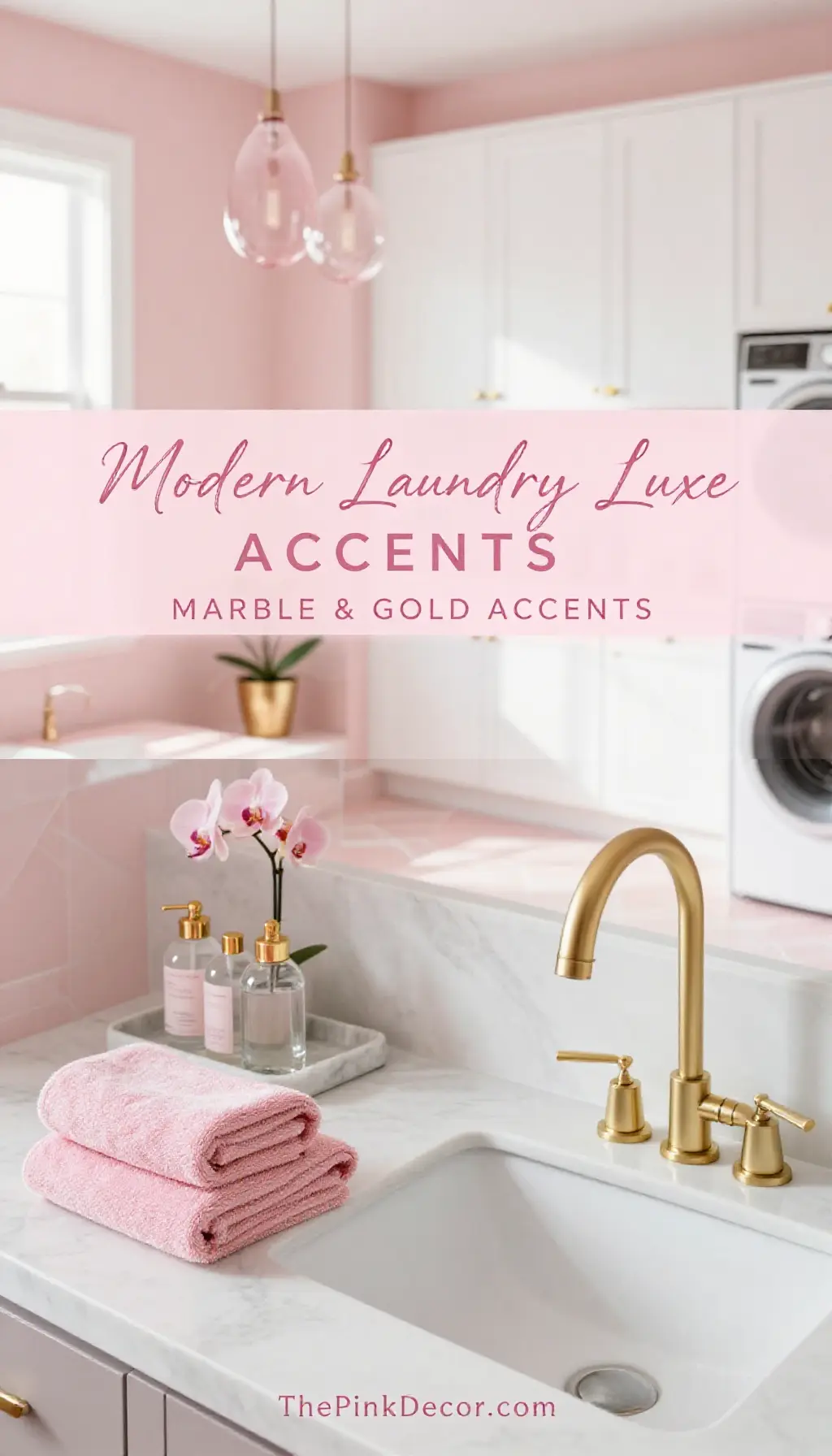 Modern Pink Laundry Room with Marble and Gold Accents - Laundry Room - The Pink Decor