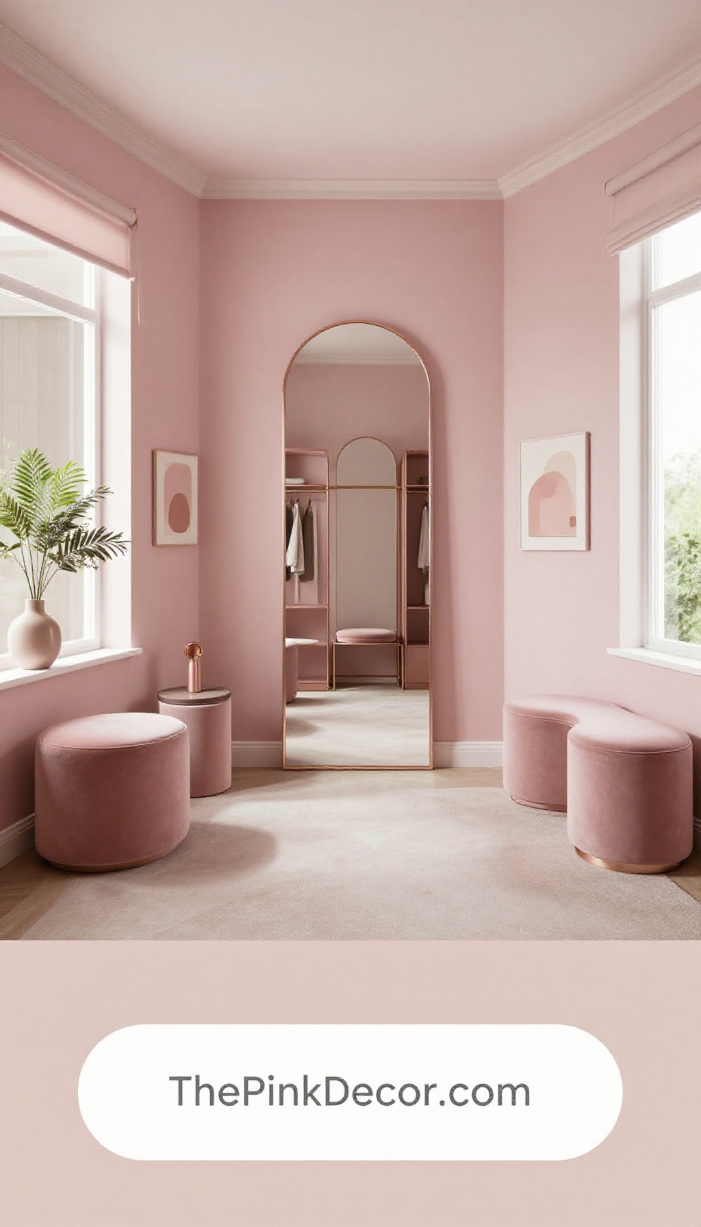 How to create a monochromatic pink dressing room decor with arched mirrors - Complete View Complete dusty pink dressing room with arched mirror, vanity, and storage solutions