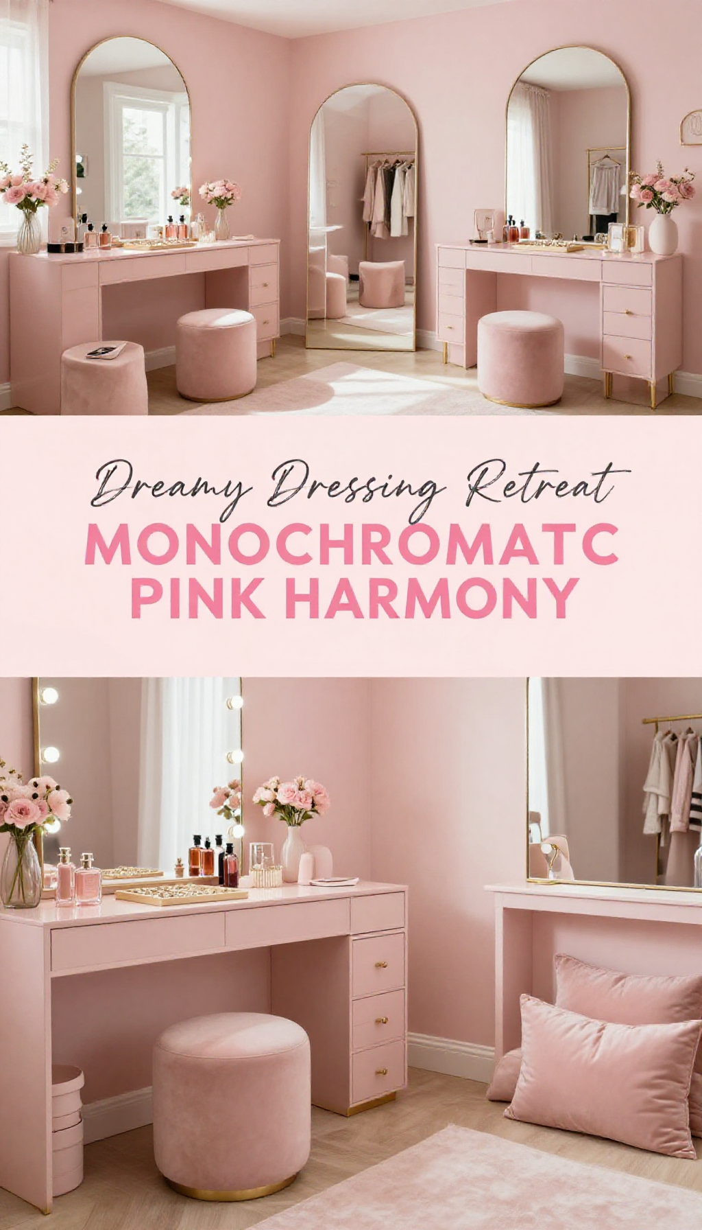 How to create a monochromatic pink dressing room decor with arched mirrors - Featured Design Monochromatic Dusty Pink Dressing Room with Arched Mirror design inspiration