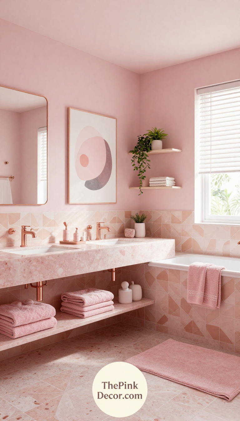 Complete bathroom with pink decor elements including vanity, towels, and accessories in blush and rose gold tones