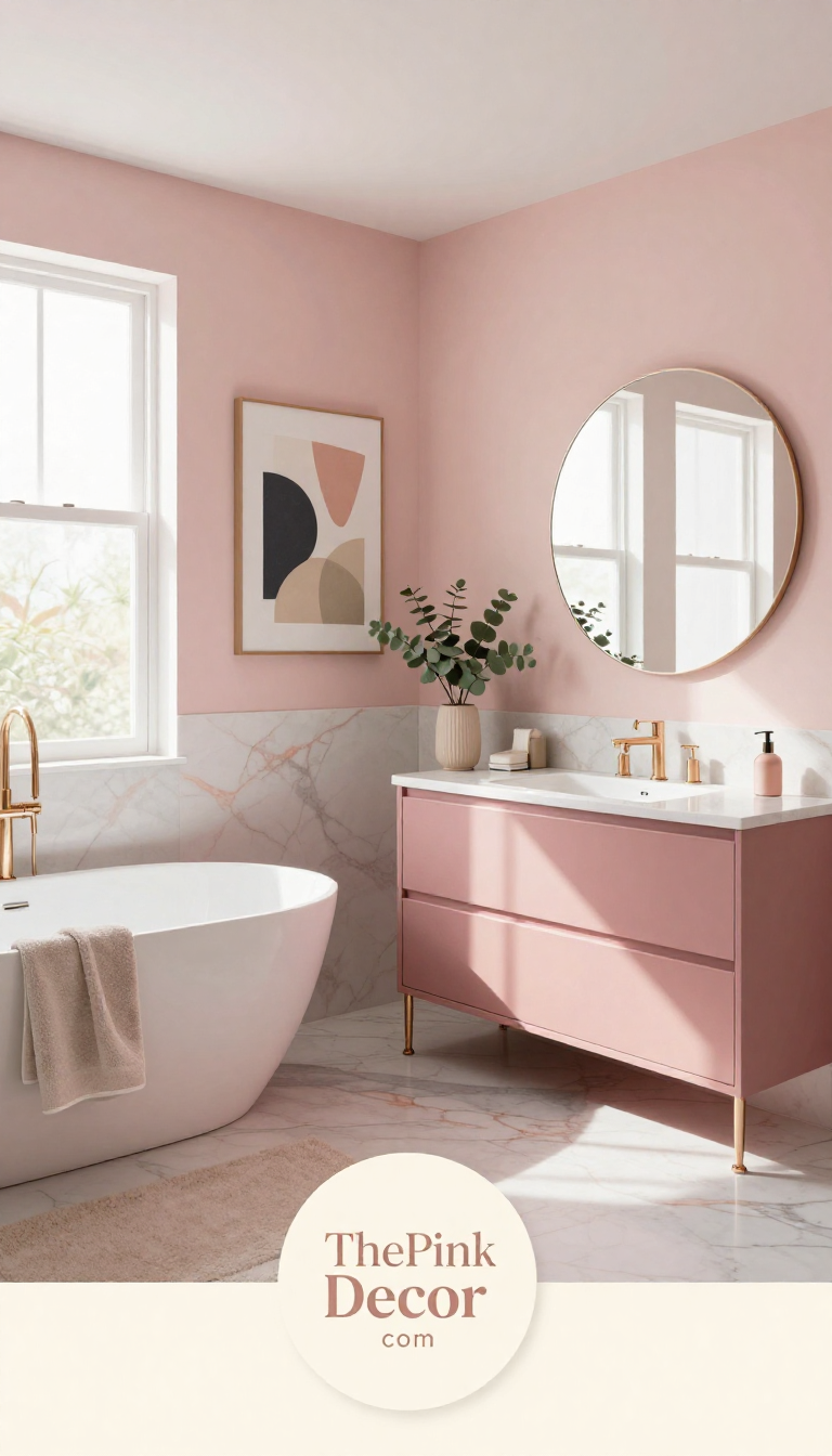 Modern Bathroom with pink sofa, marble table, and brass accents