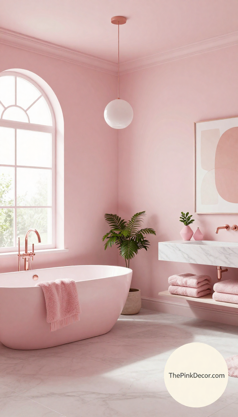 Complete pink bathroom with vanity, brass fixtures, and blush pink walls showing cohesive design Complete pink bathroom with pink vanity, brass fixtures, and blush pink walls creating a cohesive pink bathroom decor scheme