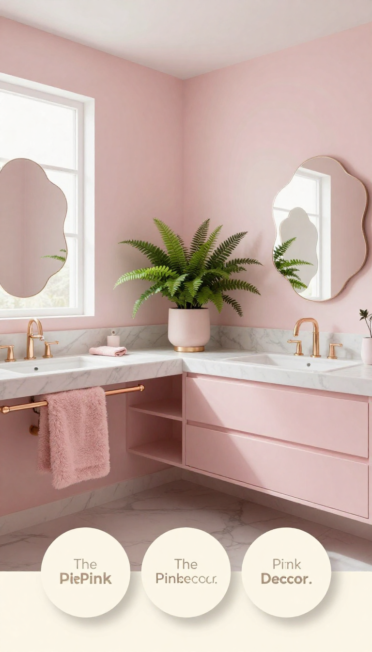 Pink bathroom decor complete design with all elements Complete modern bathroom with pink tile, brass fixtures, and marble surfaces