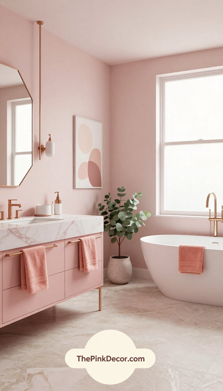 Complete modern bathroom with pink decor elements including vanity, tiles, and accessories