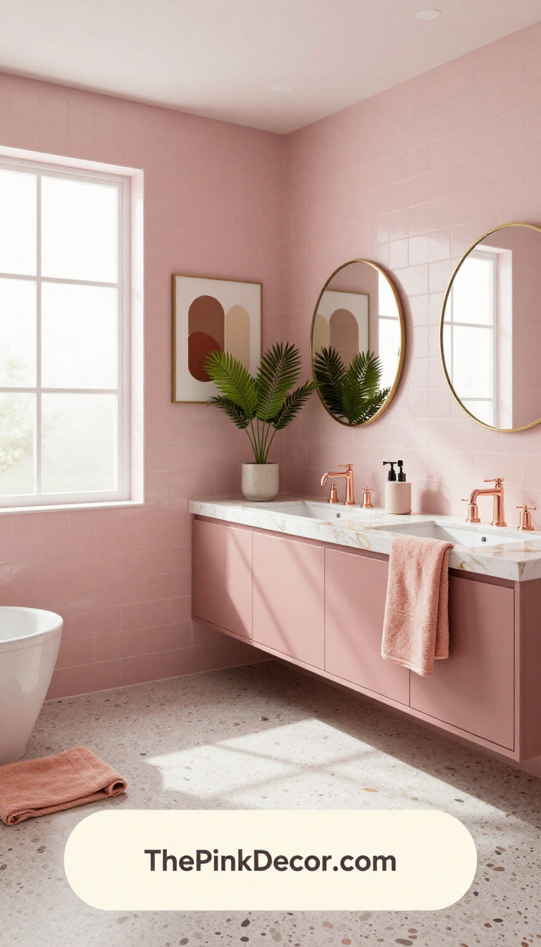 Pink bathroom decor complete design with all elements Complete modern bathroom with blush pink walls, gold fixtures, and marble surfaces