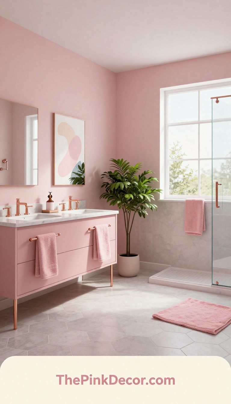 Complete modern bathroom with pink vanity, tiles, and decor elements