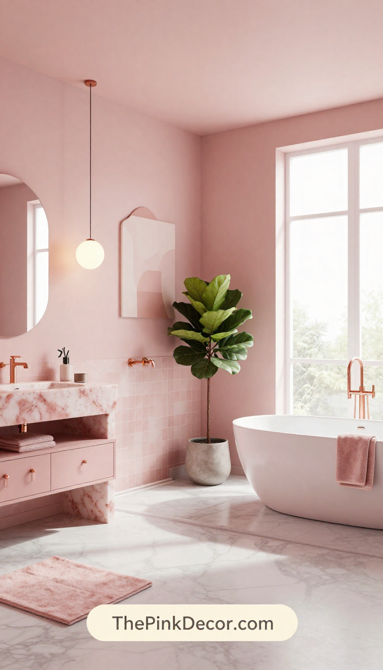 Complete Pink Bathroom with Marble and Brass Accents Pink bathroom with marble, brass fixtures, and a freestanding tub