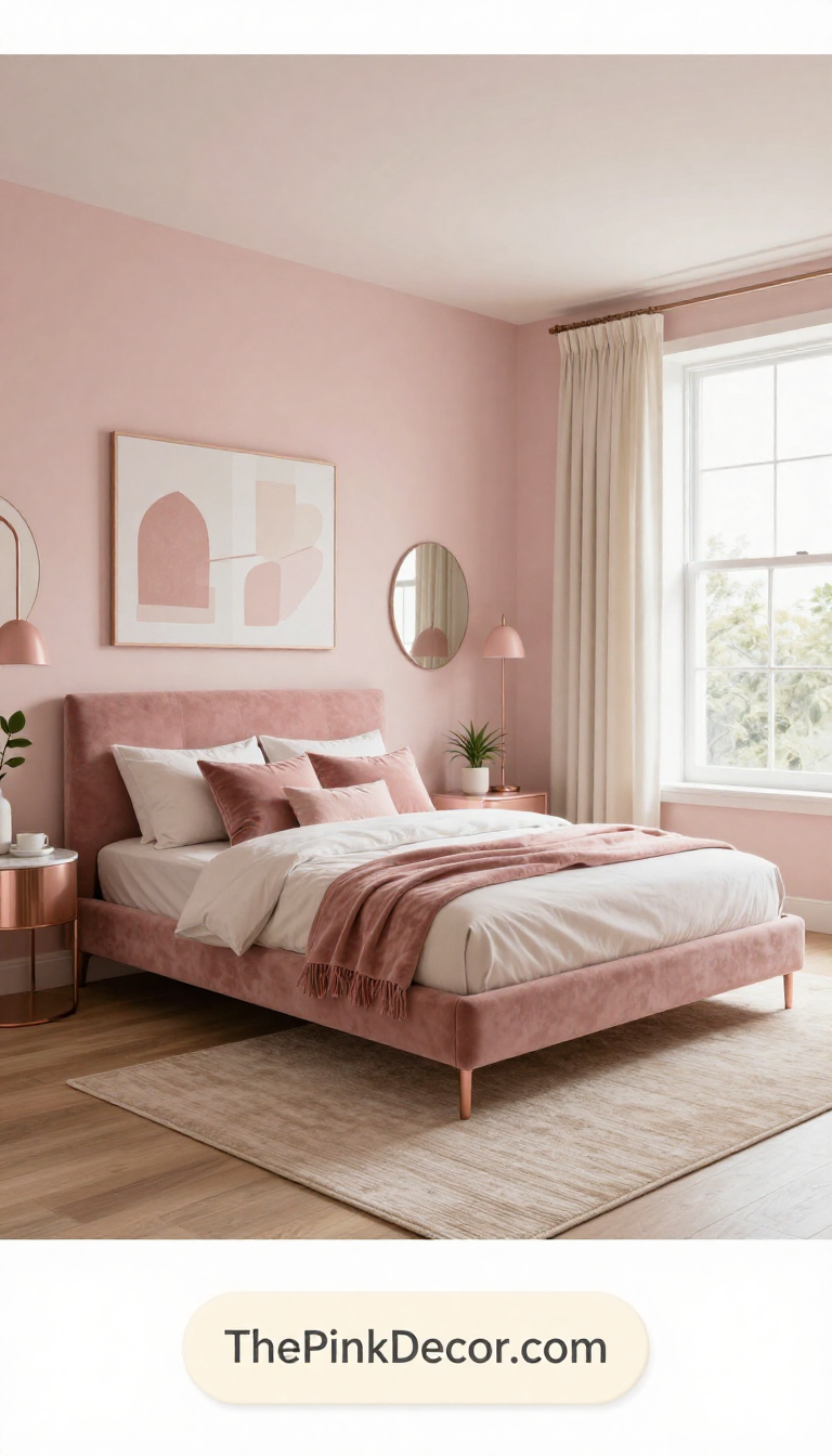 Complete bedroom with pink decor elements, including a pink velvet bed and layered textiles