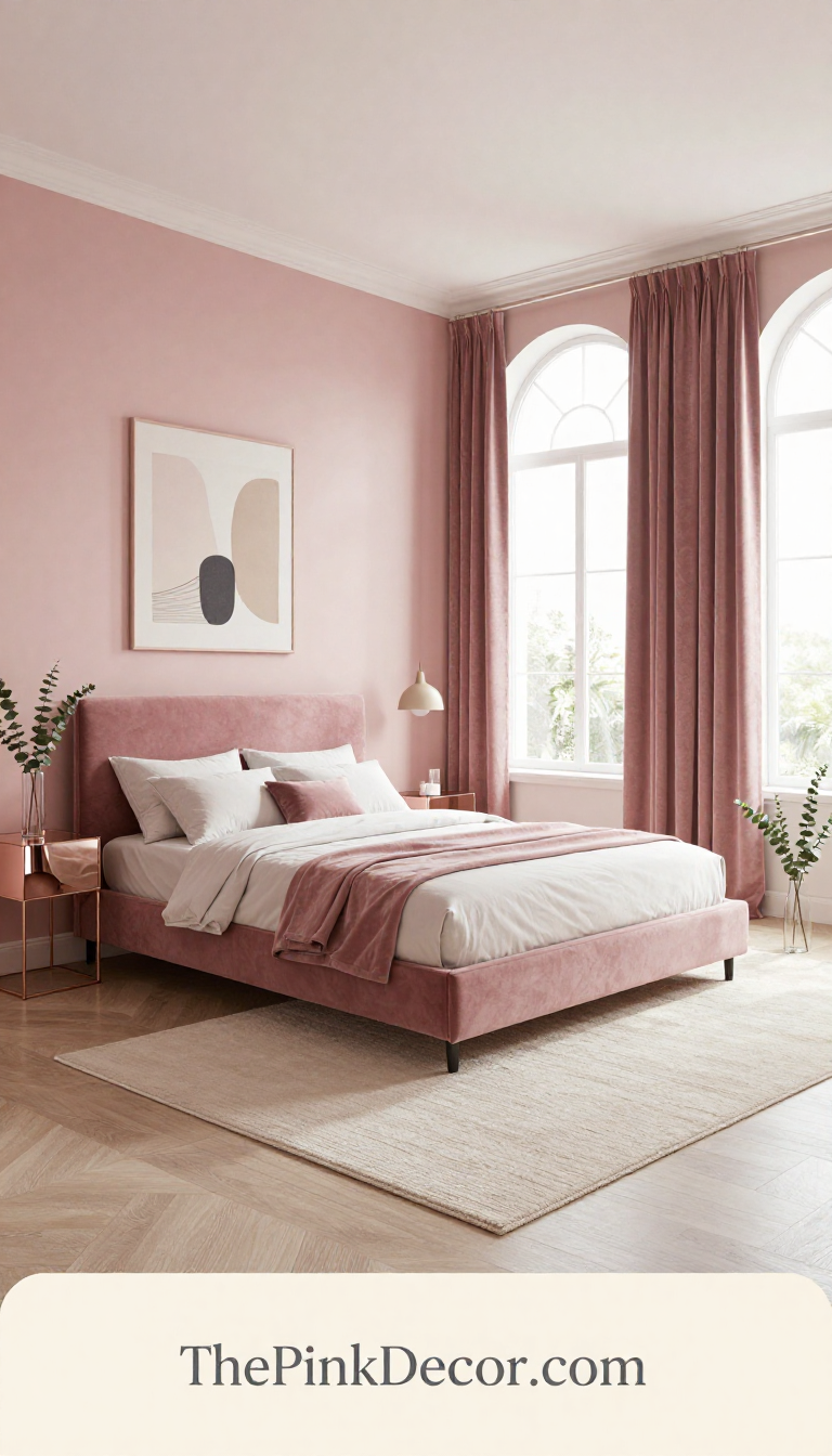 Modern pink bedroom with velvet headboard and brass accents