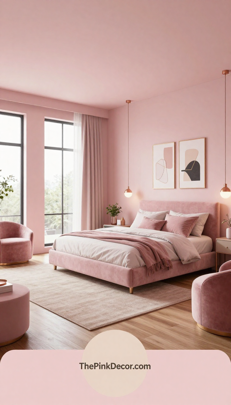 Complete pink bedroom with layered textures and modern furniture