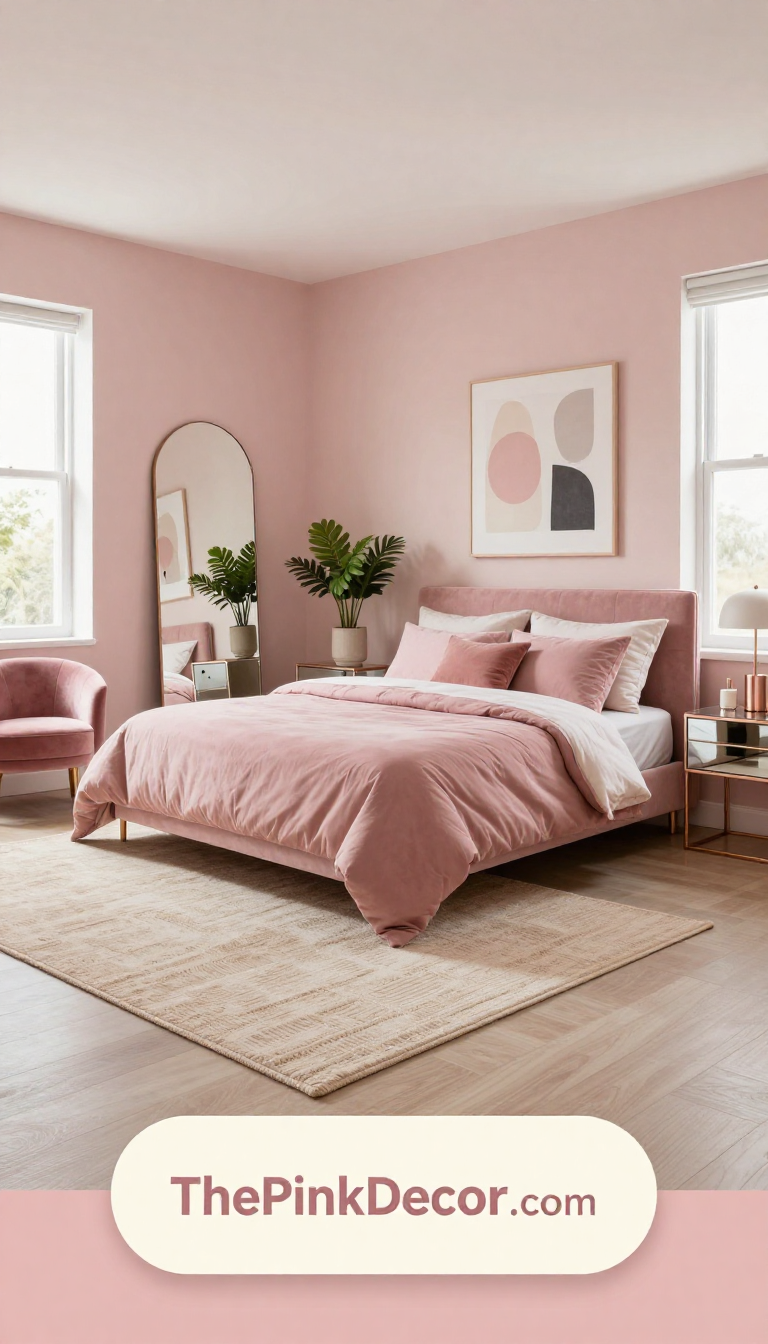 Modern pink bedroom with blush pink walls, velvet pink headboard, gold accents, and a cozy sitting area