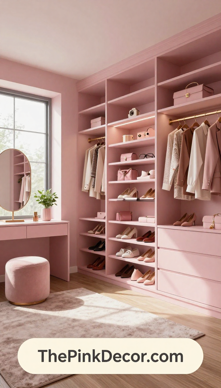 Organized pink walk-in closet with labeled storage, multiple compartments, and decorative lighting