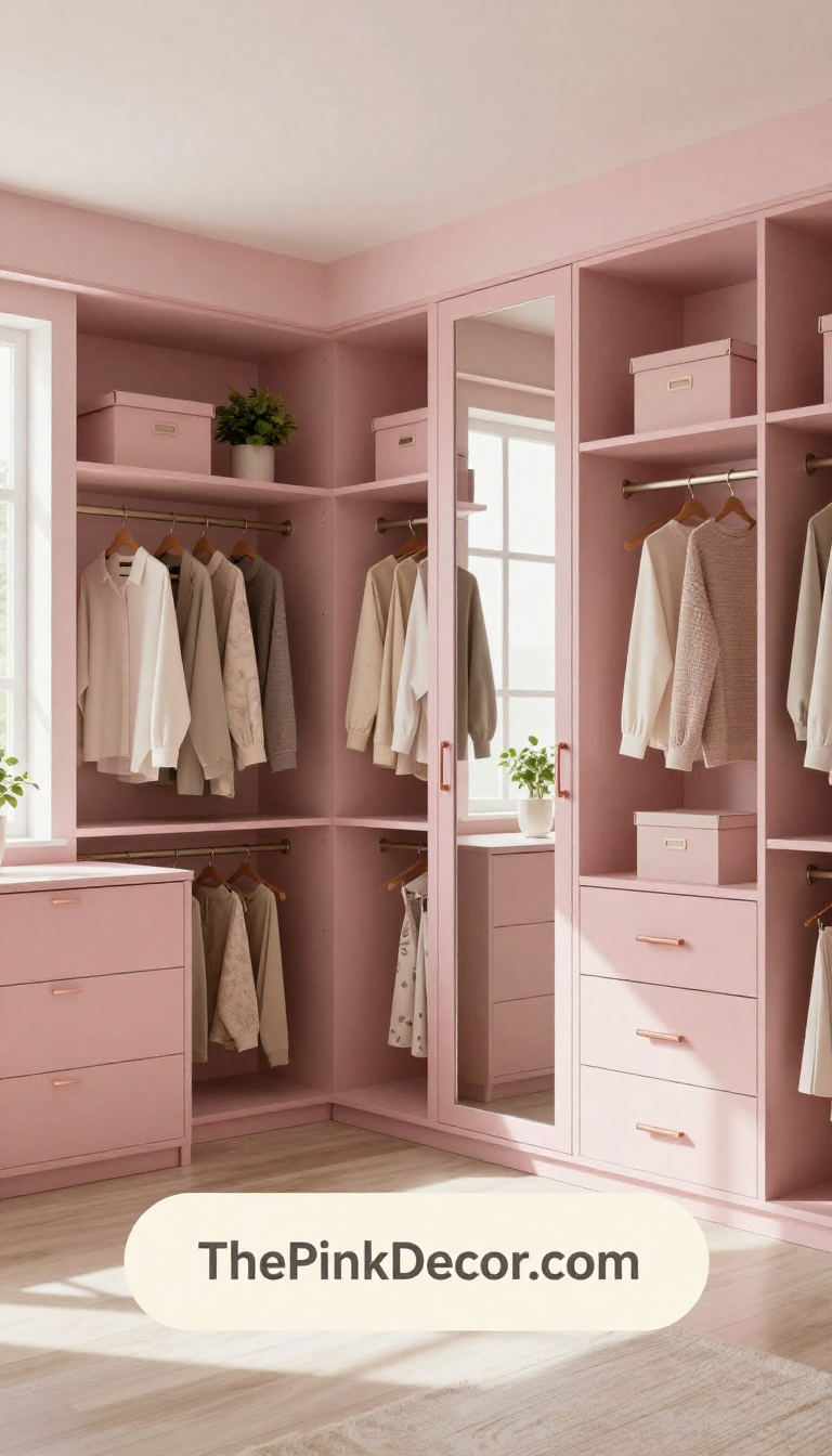 Interior of an organized pink closet with shelves and accessories Close-up of pink closet interior with organized shelving, hangers, and accessory trays, showcasing a cohesive pink and gold color scheme.