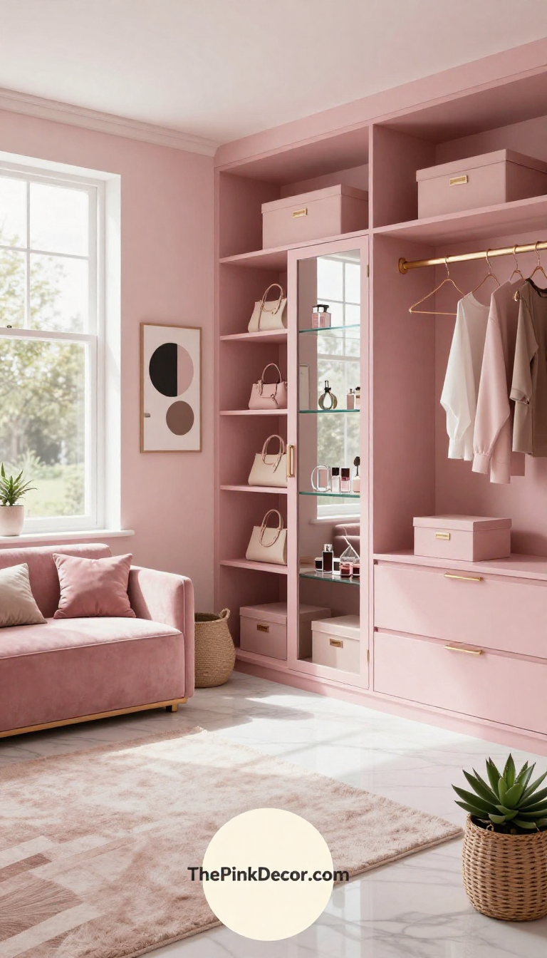 Pink closet with organized shelving and storage solutions