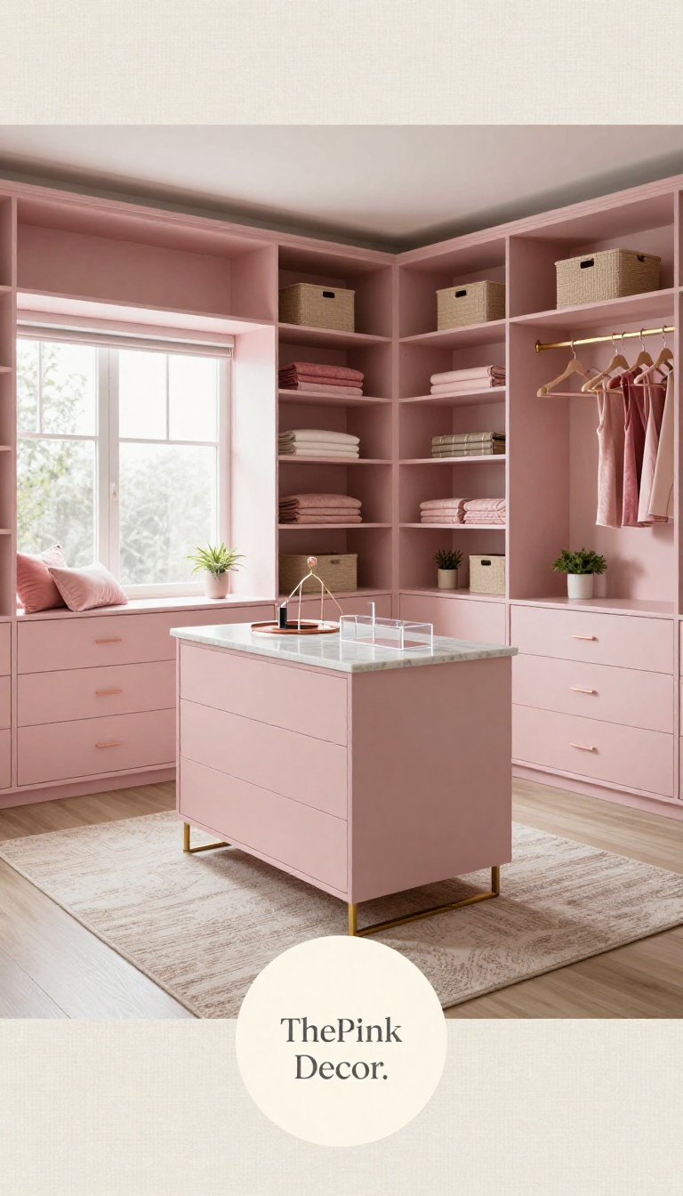 Complete organized closet with pink decor elements including shelves, baskets, and lighting
