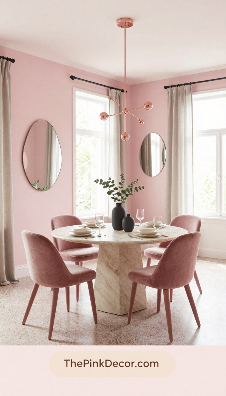 A close-up view of a pink and gold dining setting with a marble table, pink velvet chairs, and brass accessories.