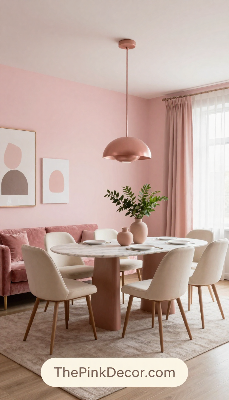 Complete Modern Dining Room with Pink Decor Elements and Furniture