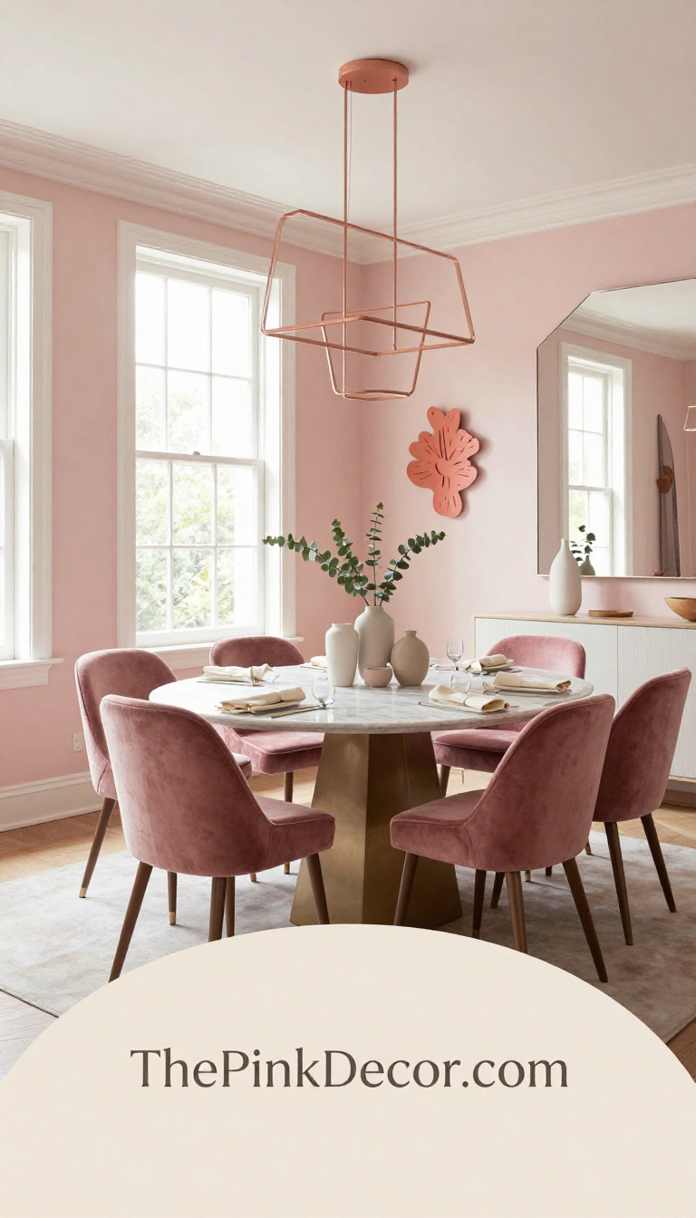 Complete modern pink dining room with table setting and decor details