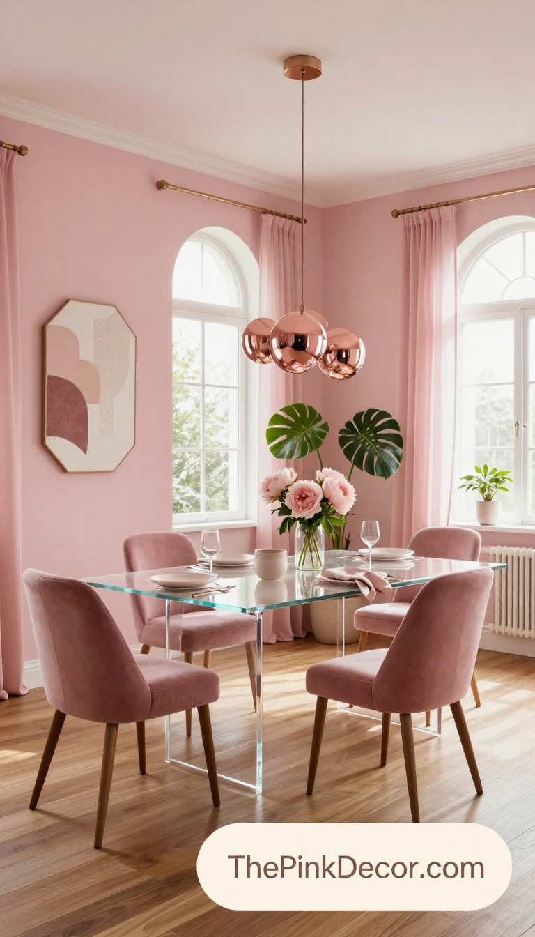 pink pink dining room style ideas and inspiration for modern homes - Complete View Complete Dining Room with pink decor elements