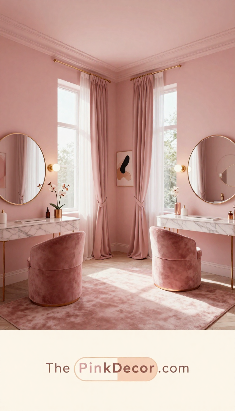 Complete pink dressing room with vanity, jewelry storage, and seating area