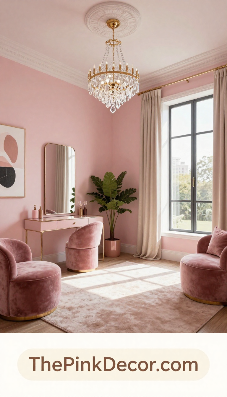 Complete pink dressing room with vanity, lighting, and seating area