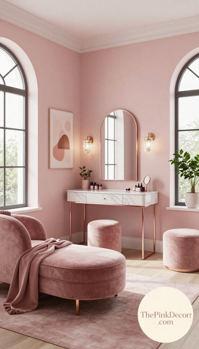 Complete Dressing Room with pink decor elements, vanity, and seating