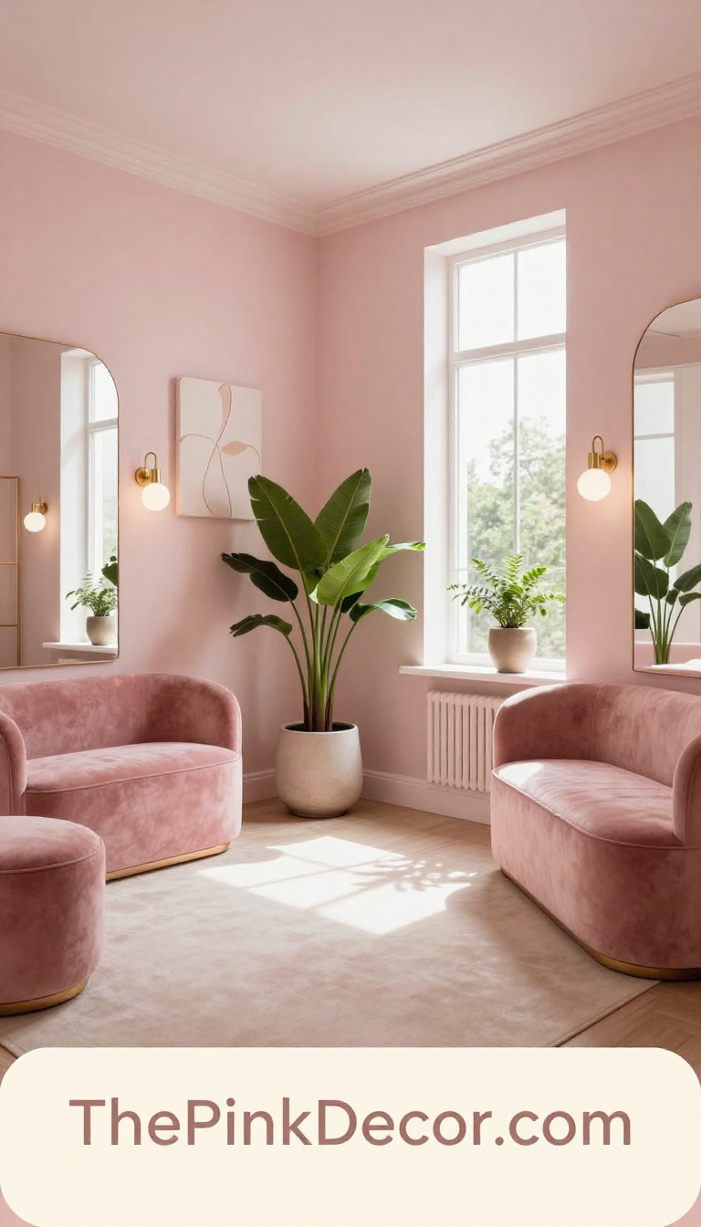 pink dressing room glam ideas and inspiration for modern homes - Complete View Complete modern dressing room with pink vanity, seating, and decor elements