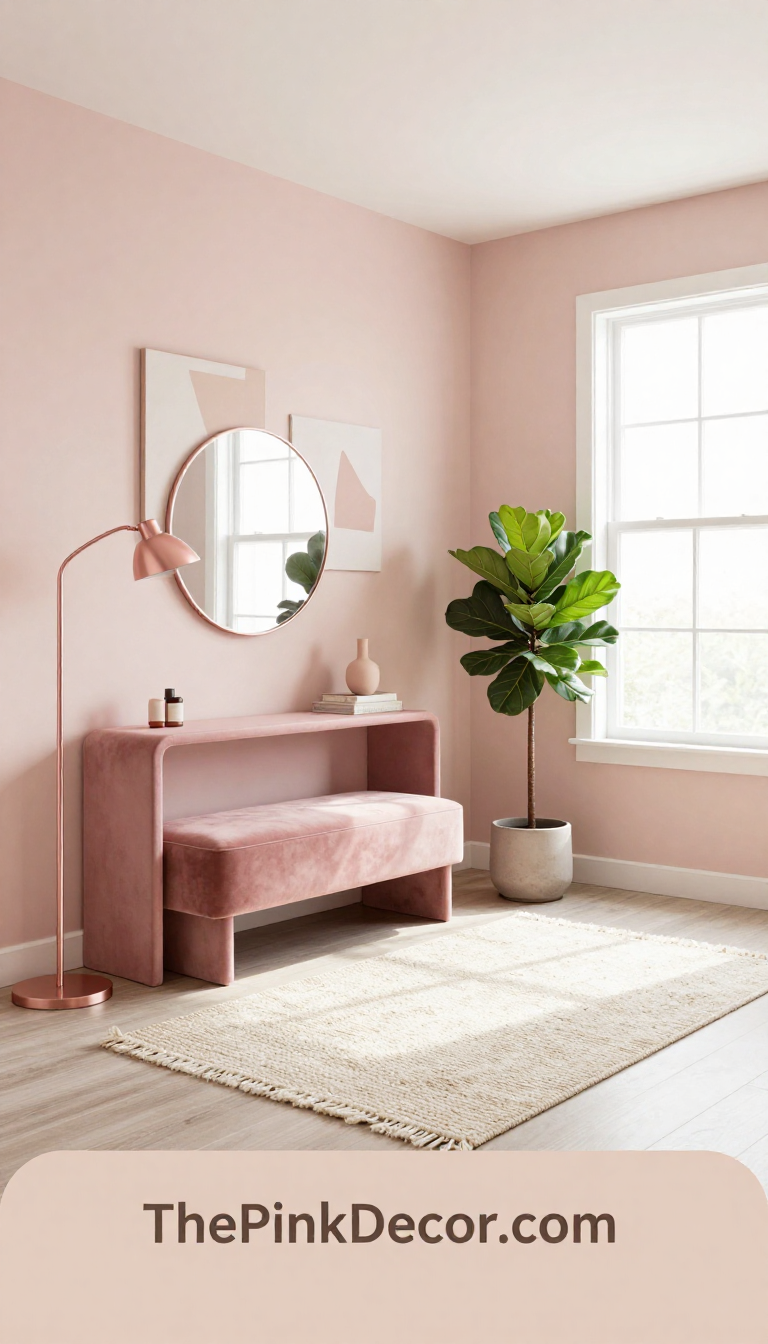 Modern pink entryway with blush console, round mirror, and brass accents