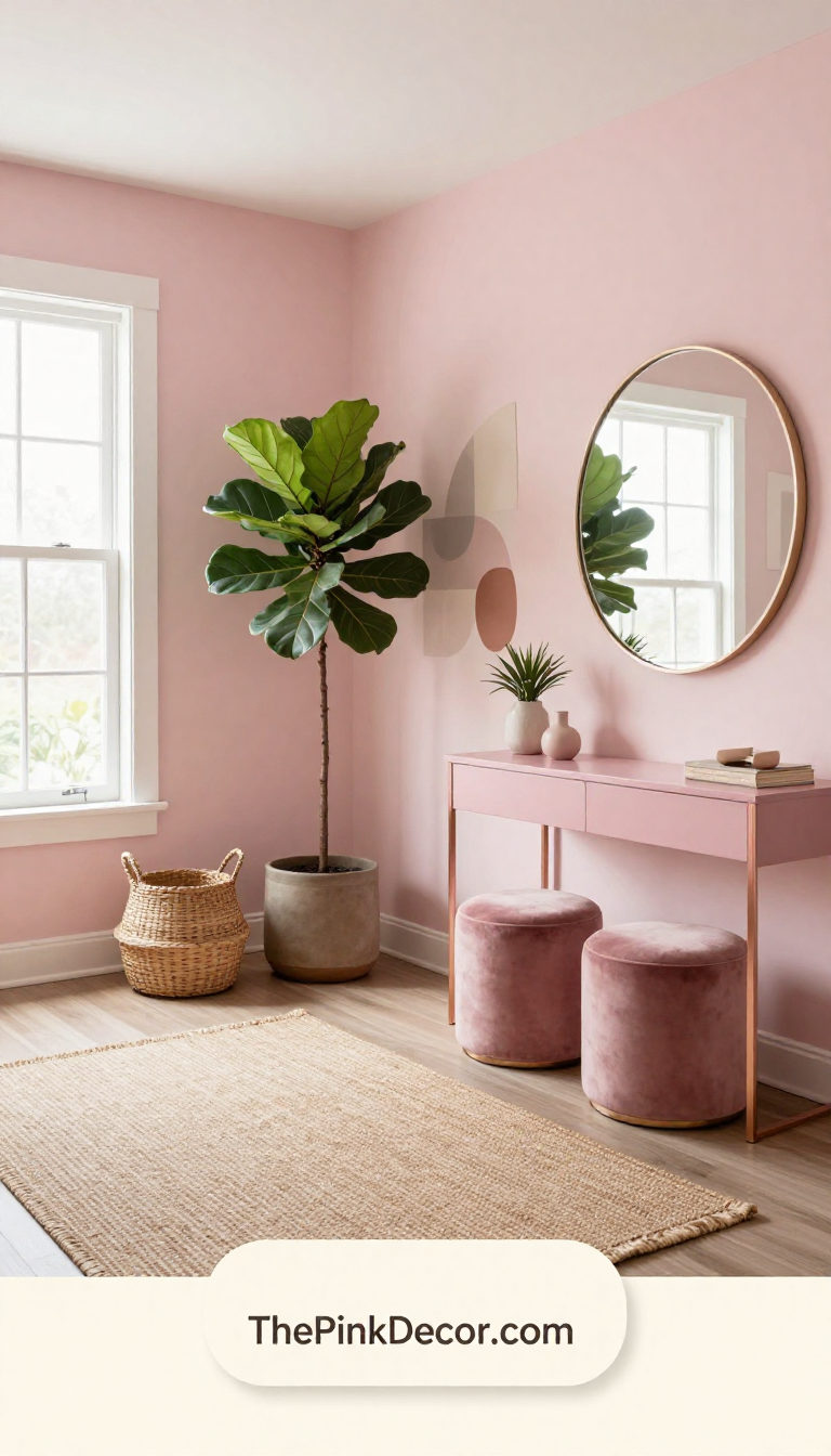 Complete pink entryway design with pink console and accessories Complete pink entryway design with console, mirror, and decor