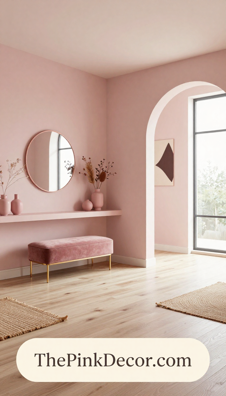Complete Entryway with pink decor elements including console table, mirror, and storage bench