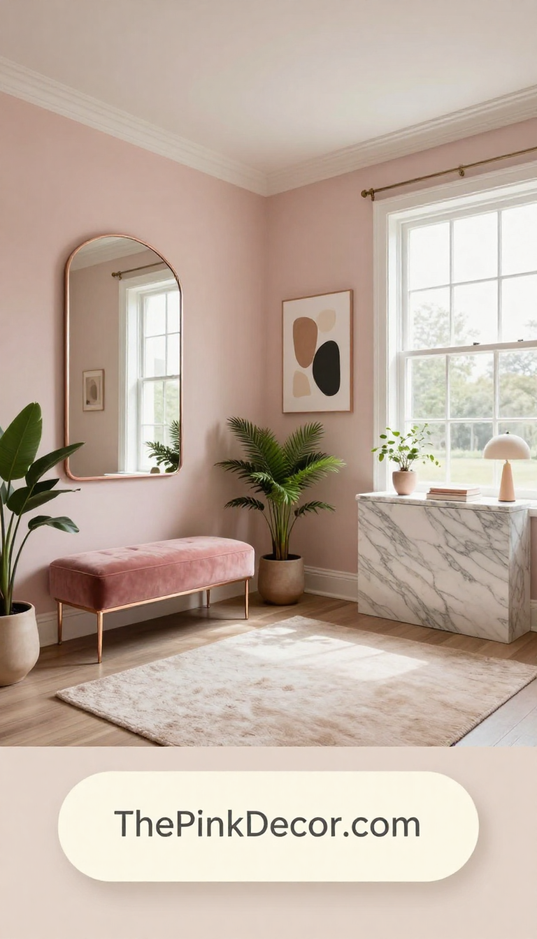 Complete pink entryway with console, mirror, and pink decor elements