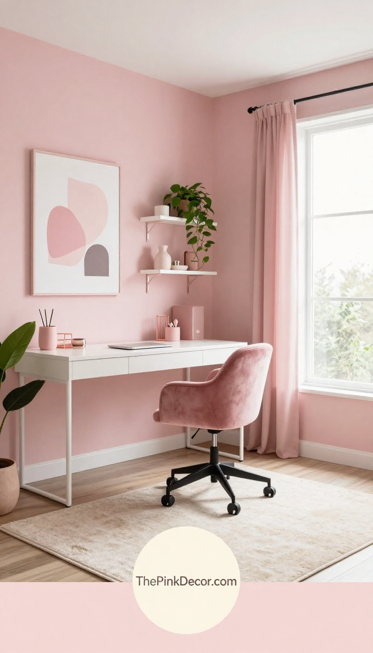Complete home office setup with pink decor elements and modern furniture