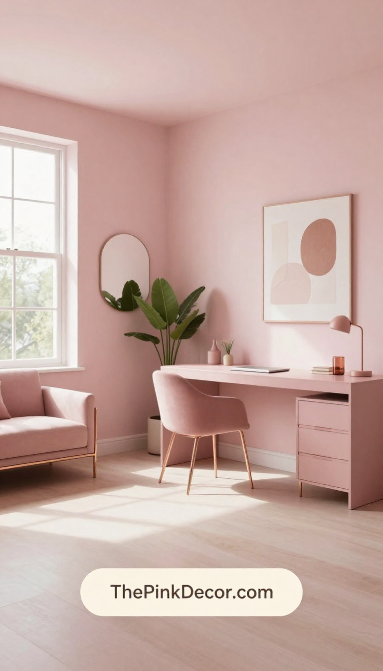 Complete pink home office setup with organized desk, pink walls, and natural light