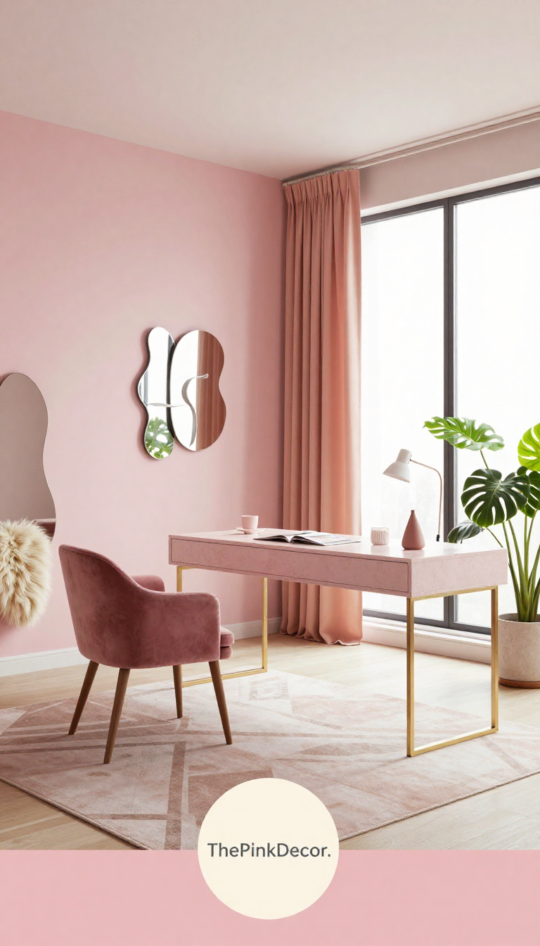 pink home office setup ideas and inspiration - Complete Workspace View Complete pink home office with organized workspace and decorative elements