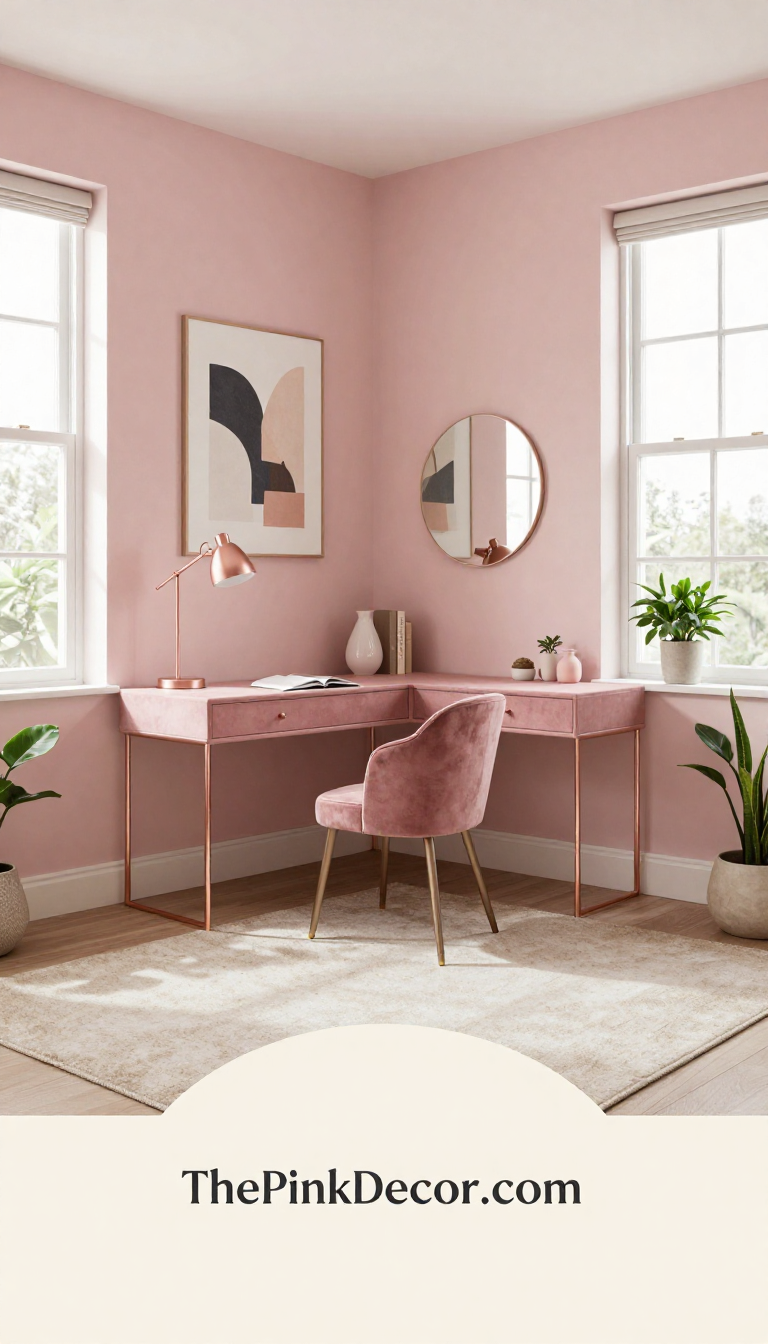 pink pink home office setup ideas and inspiration for modern homes - Complete View Complete Home Office with pink decor elements